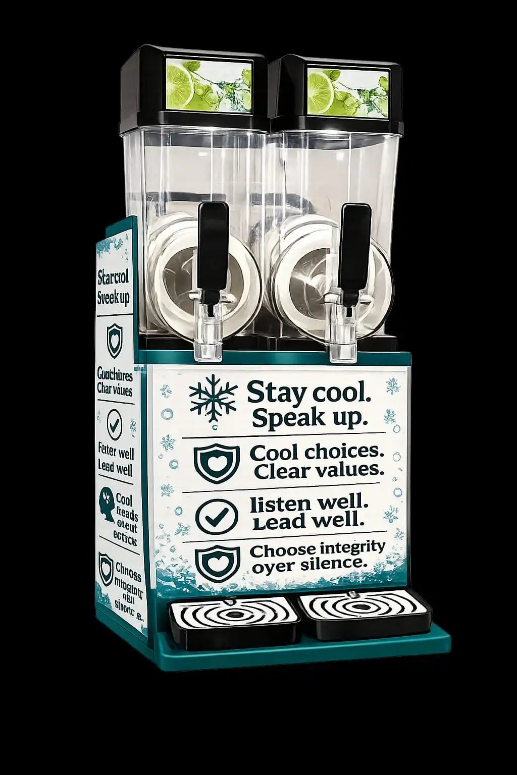 Dual bowl frozen drink slushie machine with lime graphics and motivational integrity quotes on a teal stand.