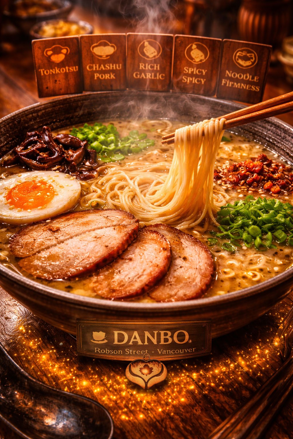 Authentic Fukuoka style tonkotsu ramen bowl at Danbo on Robson Street Vancouver with MyFavs discover