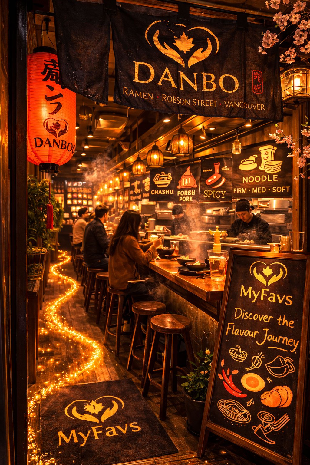 Authentic Fukuoka style tonkotsu ramen bowl at Danbo on Robson Street Vancouver with MyFavs discover
