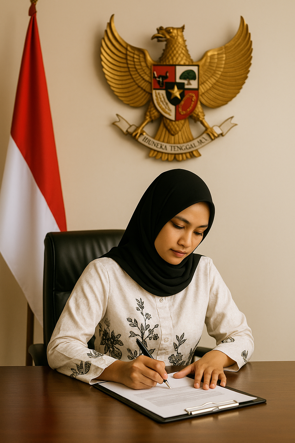 An Indonesian woman in a white batik blouse and black hijab writing on a document in an office, with