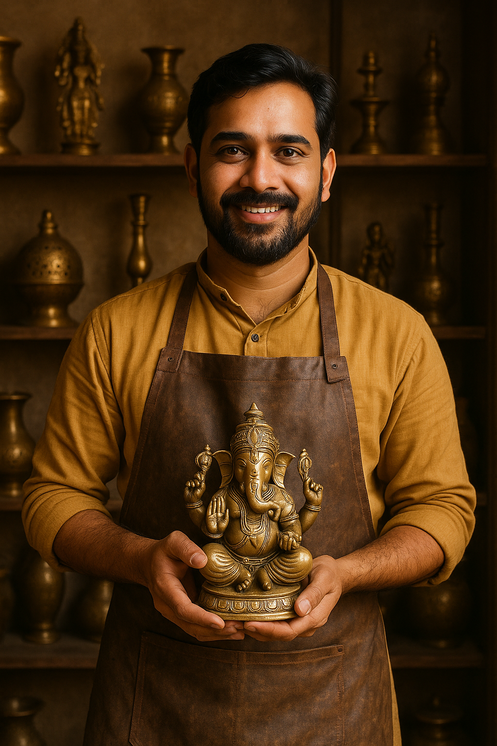 a man in a brown apron and aprons holding a statue of a gan gan