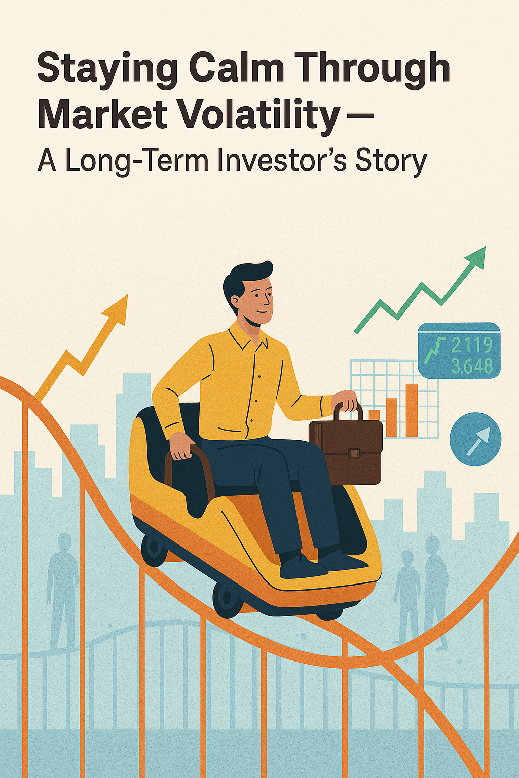 A calm investor rides a roller coaster surrounded by financial charts, symbolizing market volatility