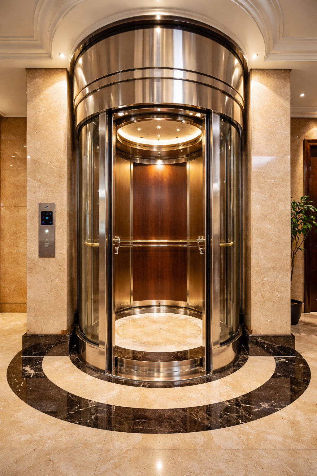 Circular capsule glass elevator with luxury interior installed in a premium hotel