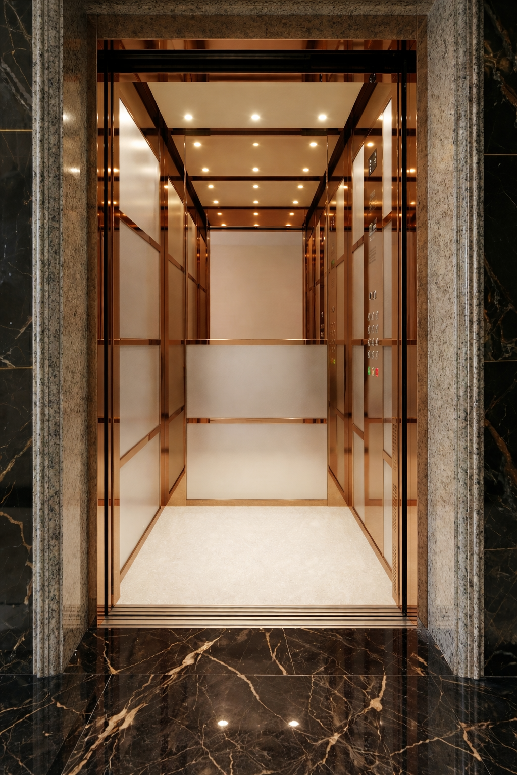 Luxury passenger elevator cabin with rose gold finish designed by Stellify Elevators