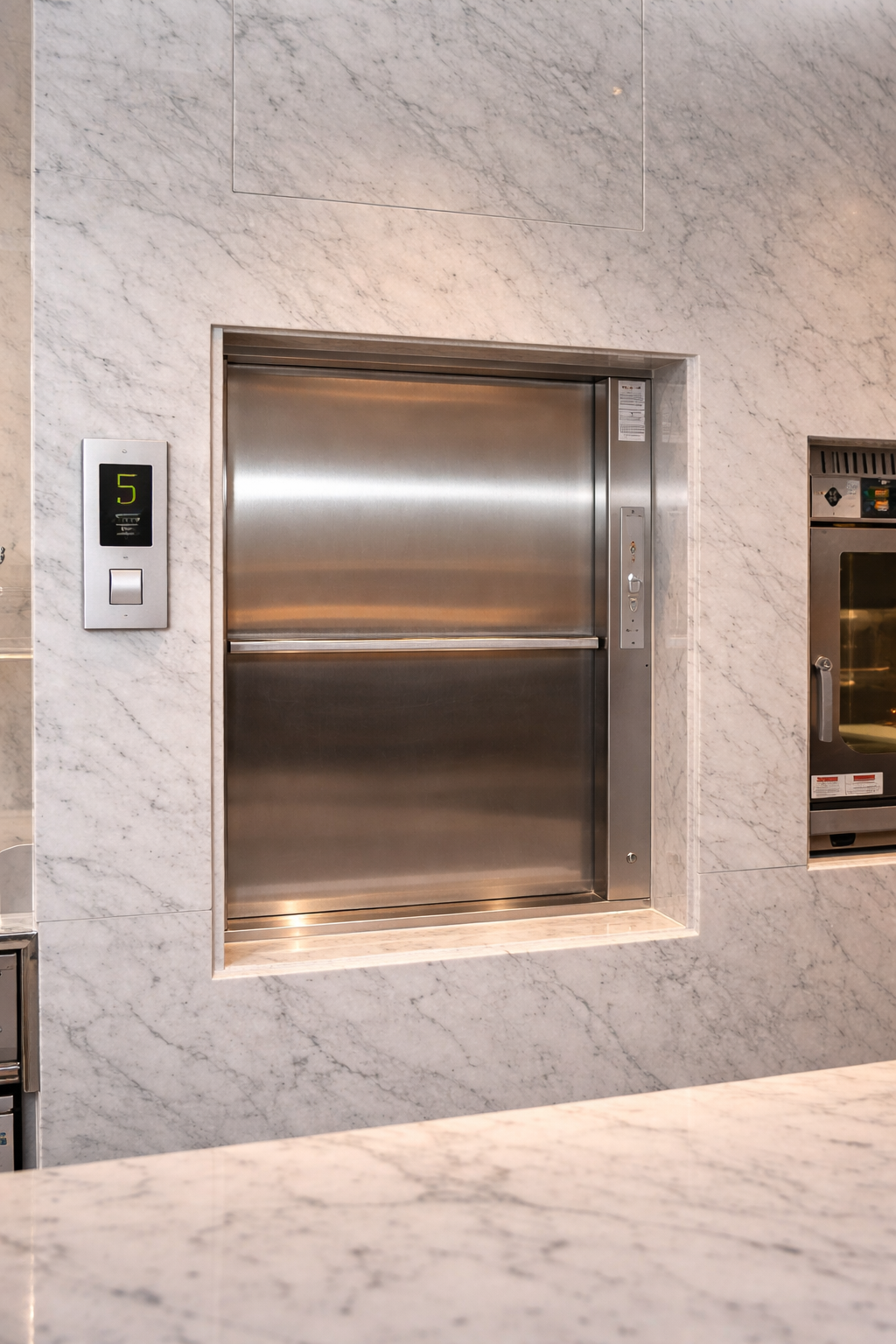 Stainless steel dumbwaiter lift installed in a commercial building by Stellify Elevators in India
