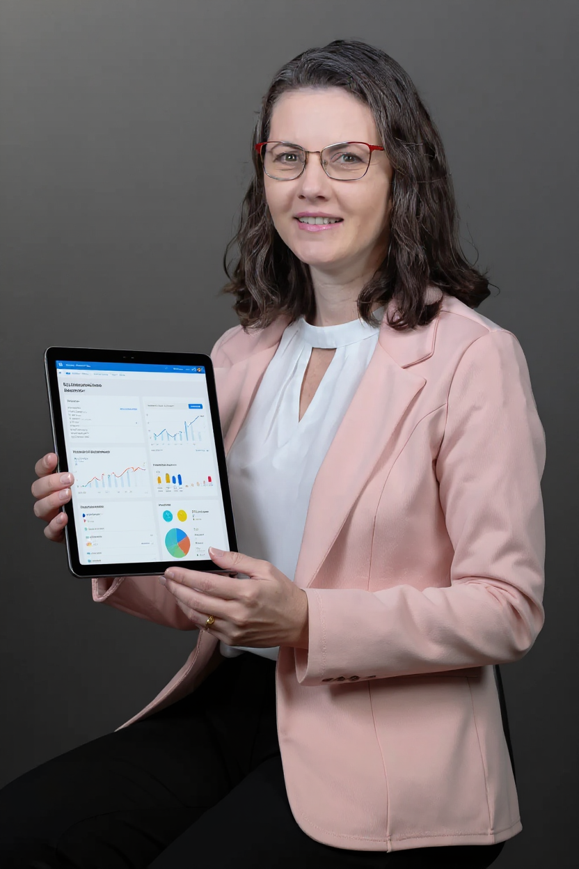 Michelli está mostrando um tablet com vários gráficos e dados empresariais.
