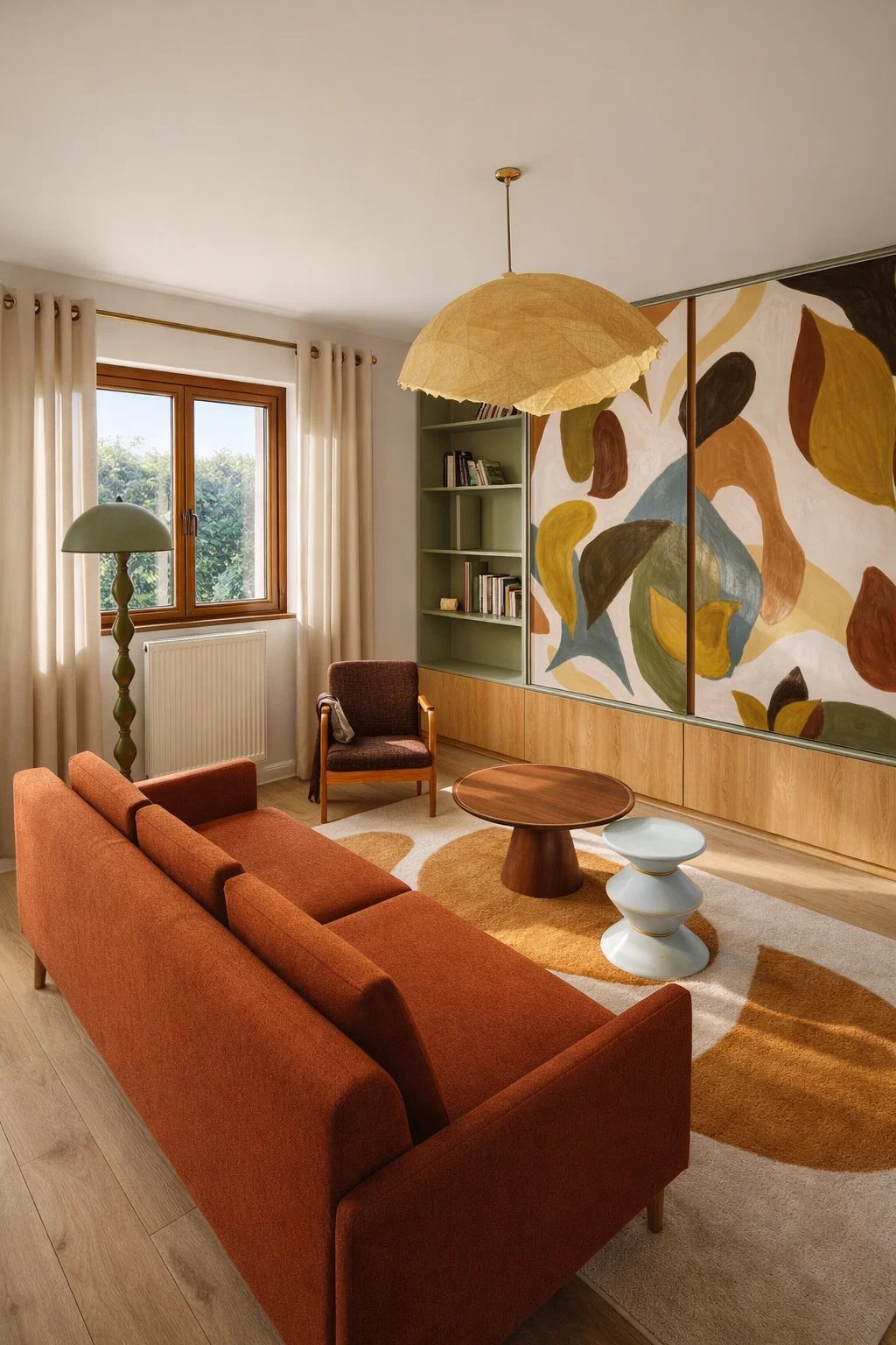 Modern living room featuring a terracotta sofa, abstract wall art, and a paper pendant light.