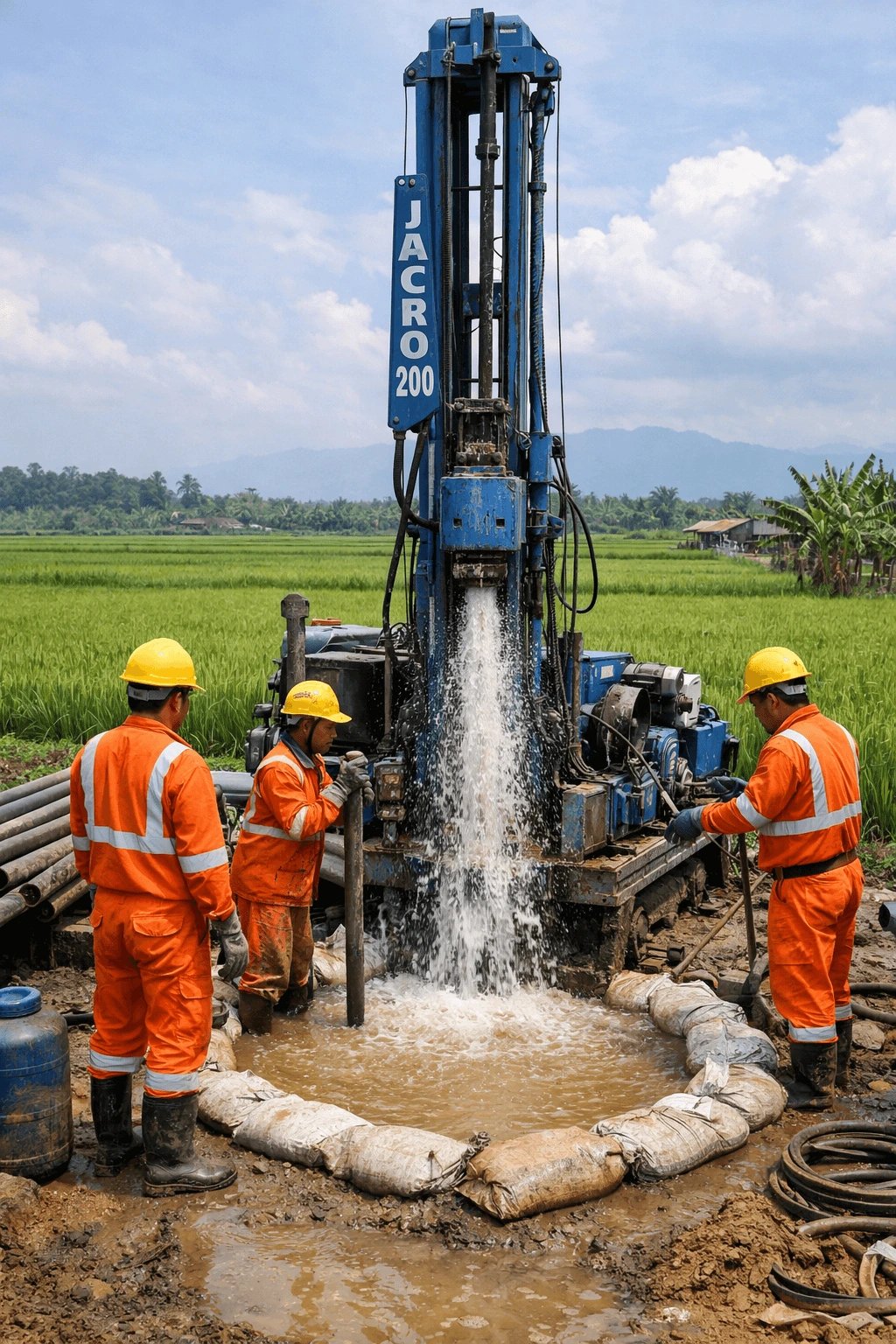 Workers in orange coveralls operate a blue Jacro 200 water well drilling rig in a rural field.