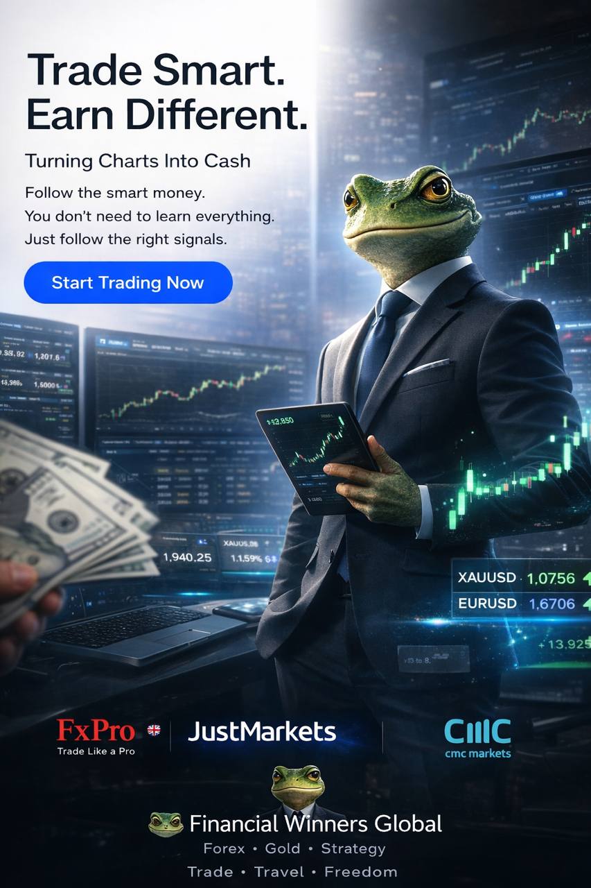 A frog in a suit trading forex and gold on a tablet with stock market charts in the background.