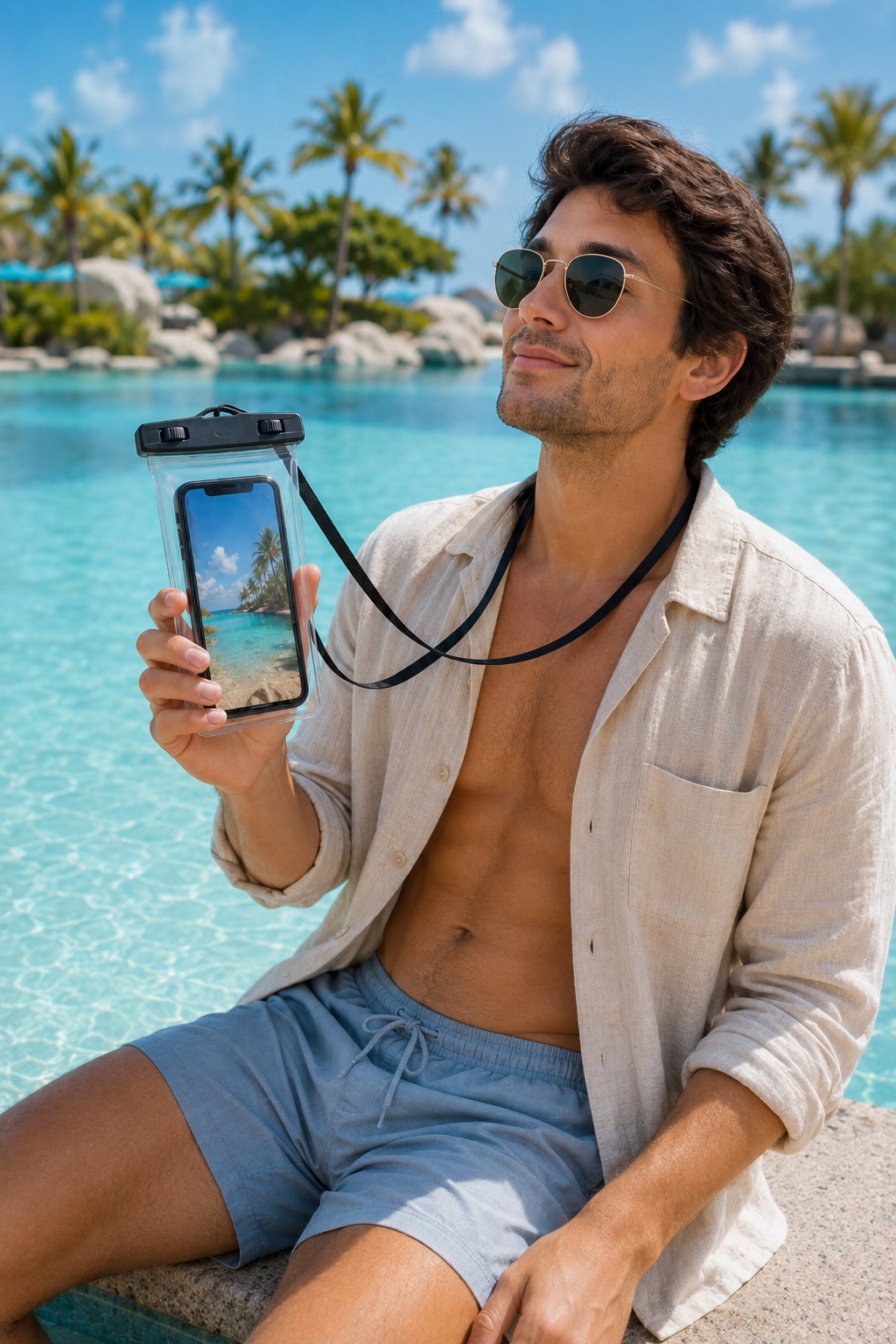 A man at a tropical resort pool holding a smartphone in a waterproof phone pouch dry bag.