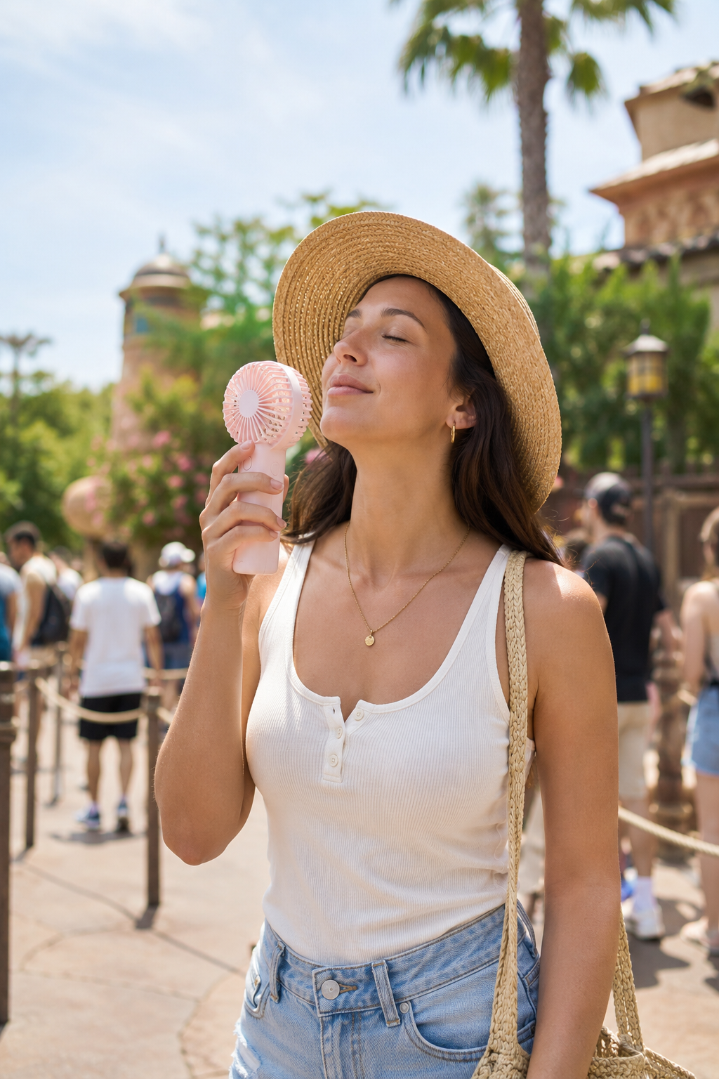 Woman in straw hat using a portable pink handheld fan to stay cool at a sunny theme park.