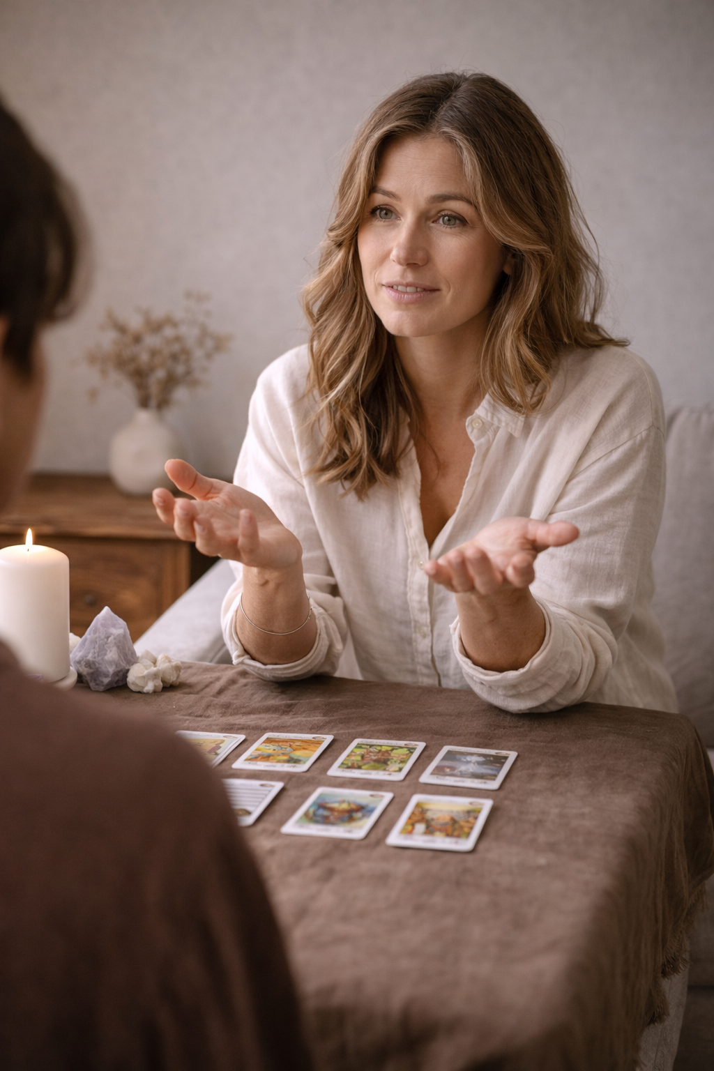 A professional female psychic reader interpreting a tarot card spread for a client in a cozy studio.