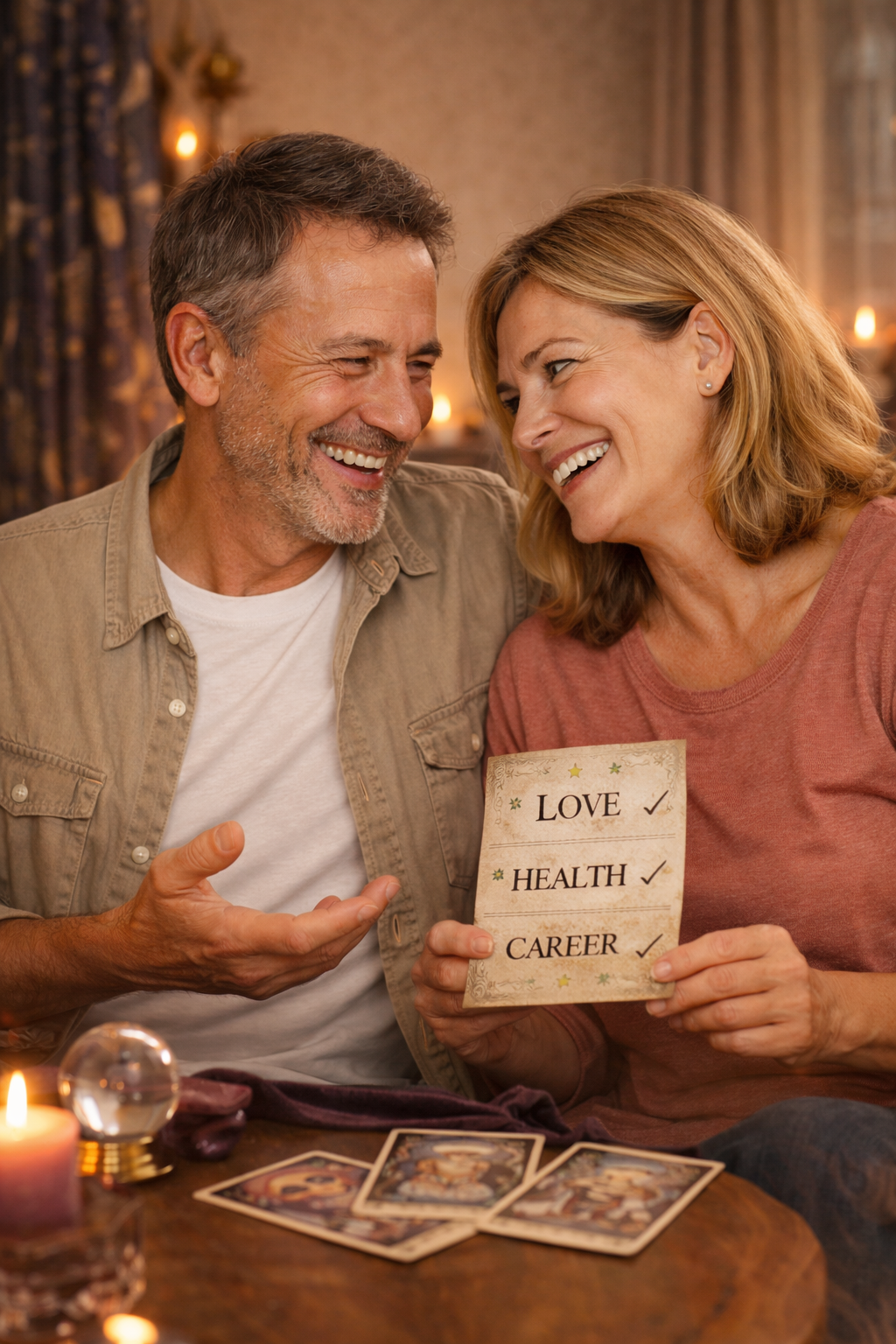Smiling couple holding a spiritual reading card about love and health during a tarot card session.