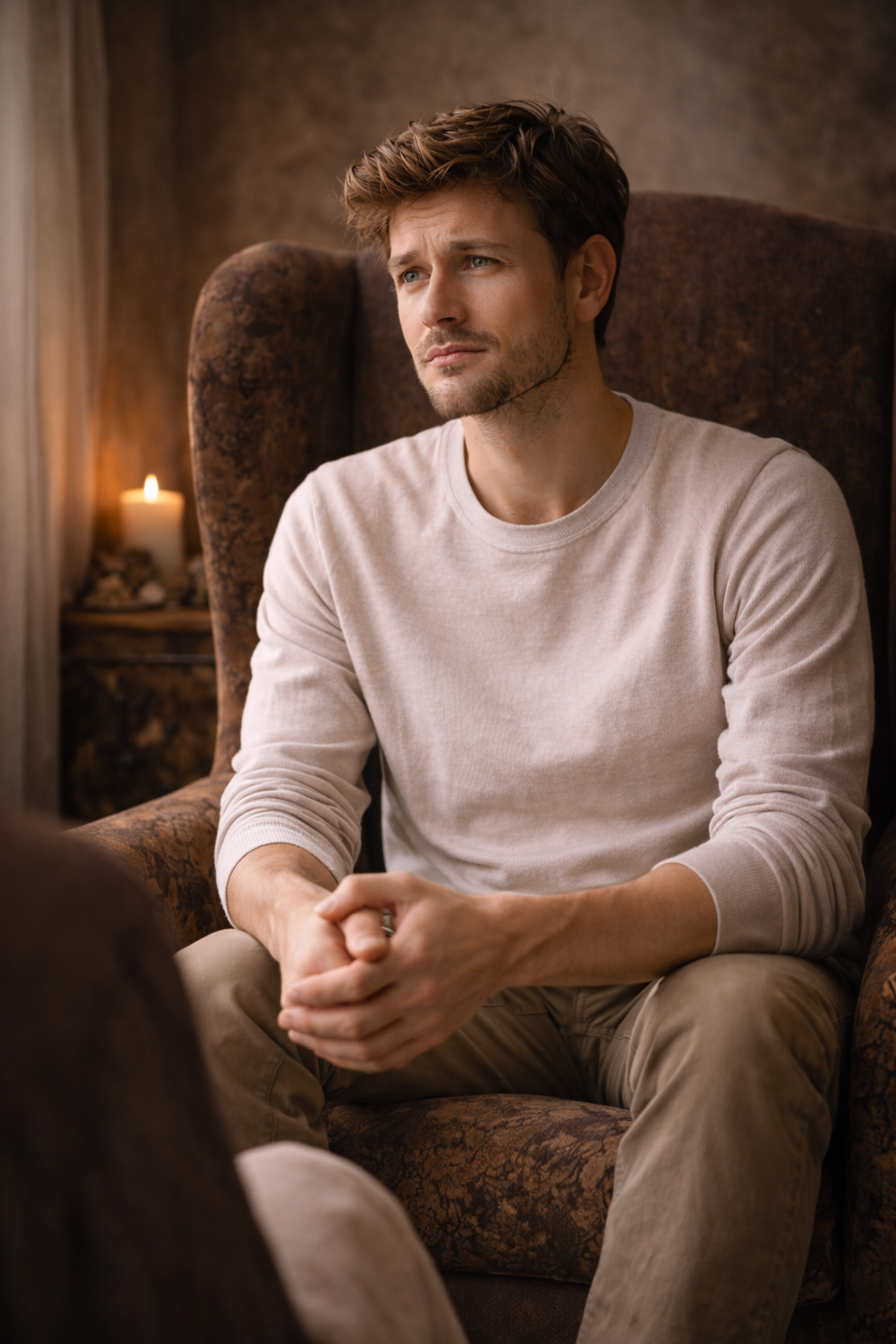 Thoughtful man sitting in a vintage wingback armchair by candlelight.