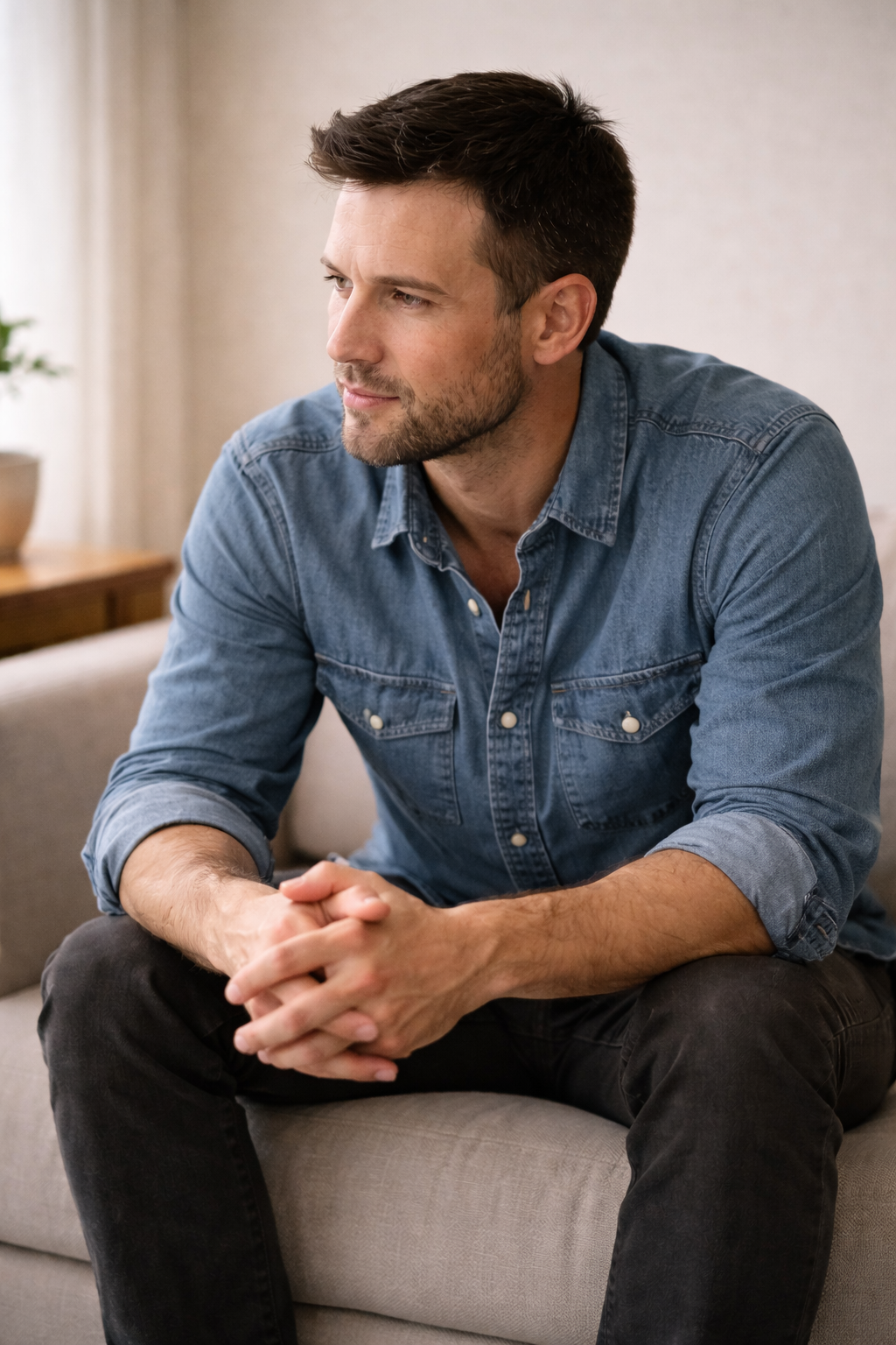 Thoughtful man with stubble wearing a blue denim shirt sitting on a sofa.