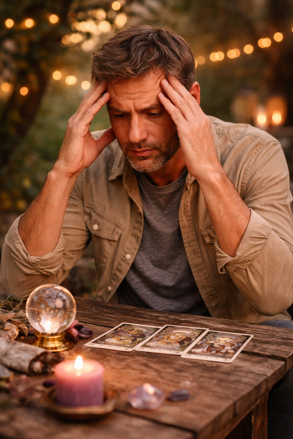 A man intensely focusing on a tarot card reading with a crystal ball and candle on a wooden table.