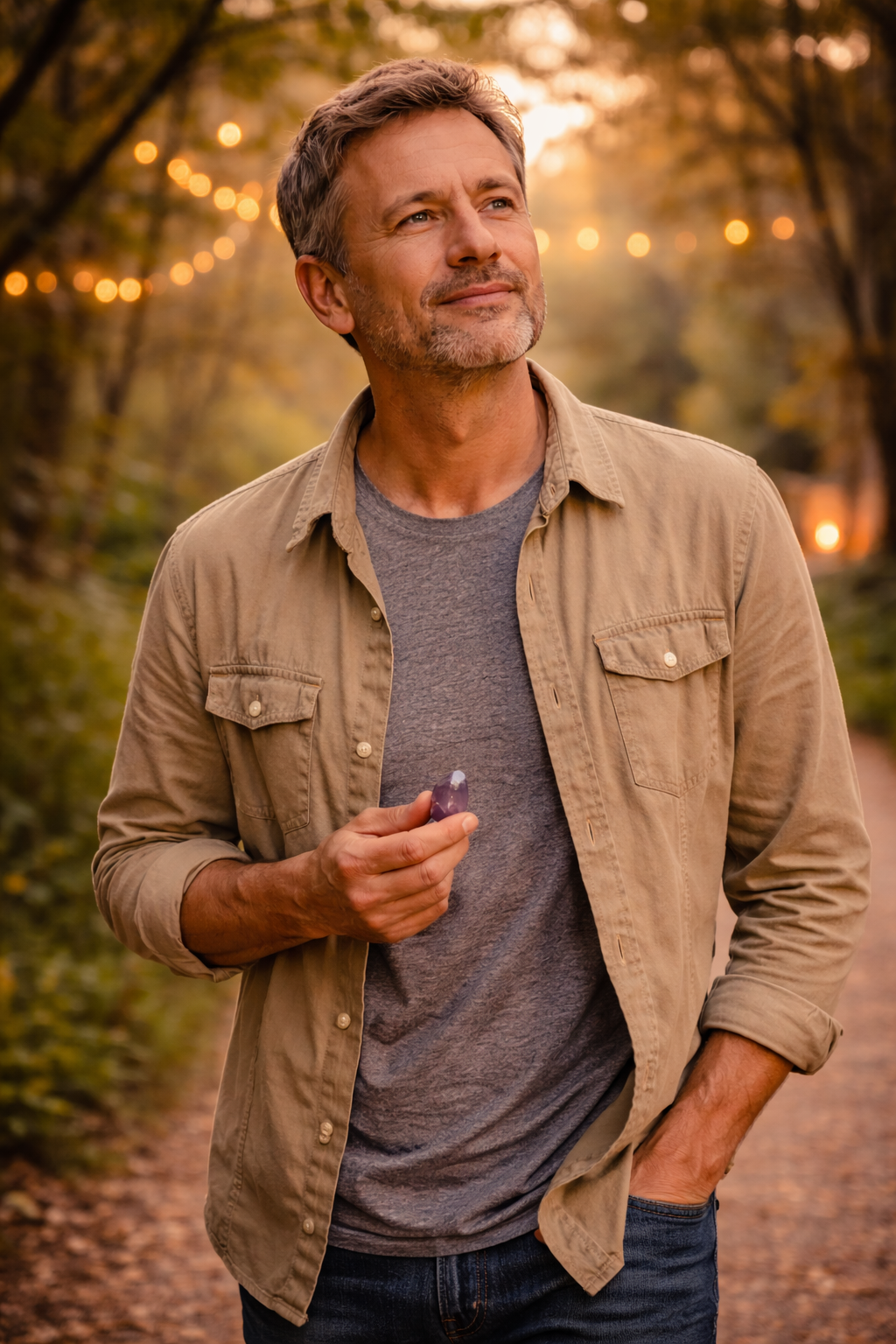 A smiling middle-aged man holding a purple amethyst crystal while walking on an outdoor path at sunset.