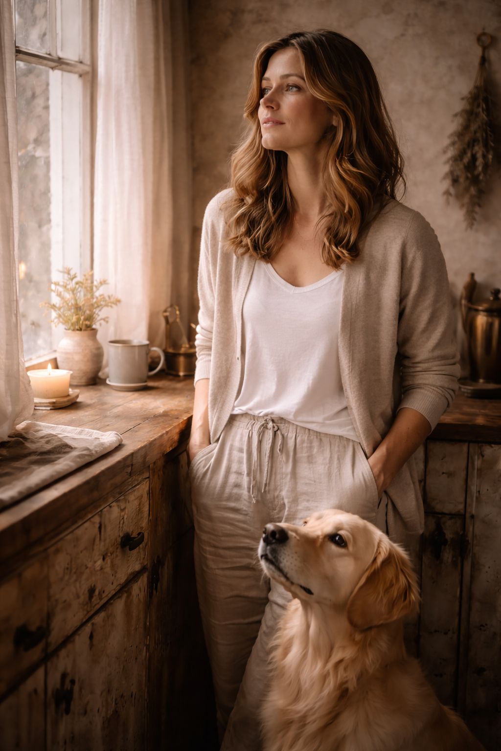 Woman in cozy loungewear standing in a rustic kitchen with her golden retriever dog.