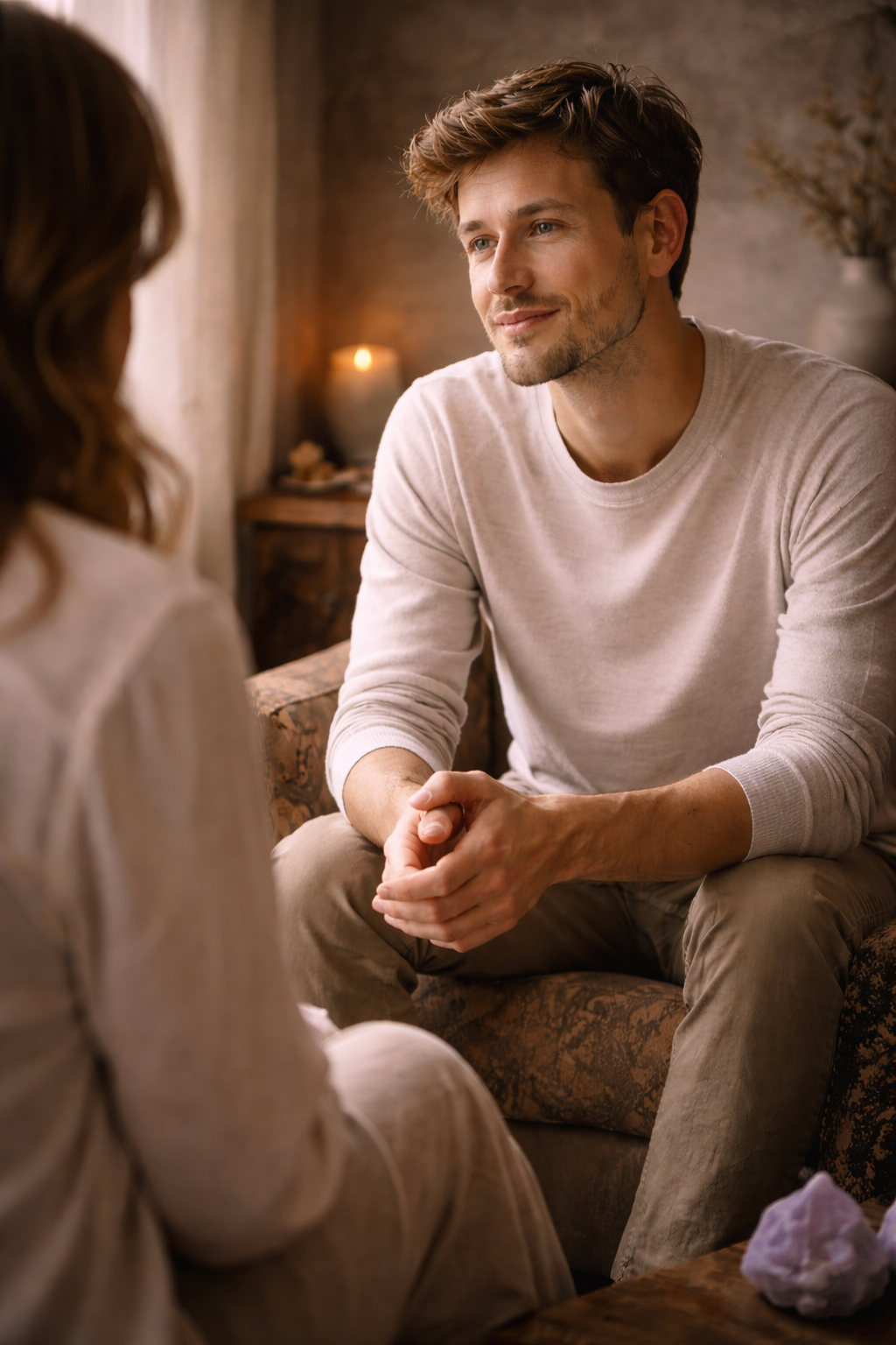 A young man in a white sweater sitting in a cozy room, listening intently to a woman during a therapy session.