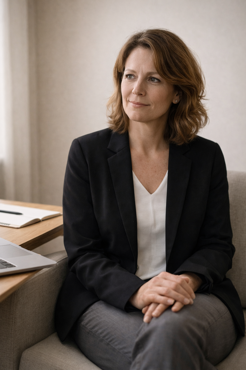 Professional business woman in a black blazer sitting at a desk with a laptop and notebook.