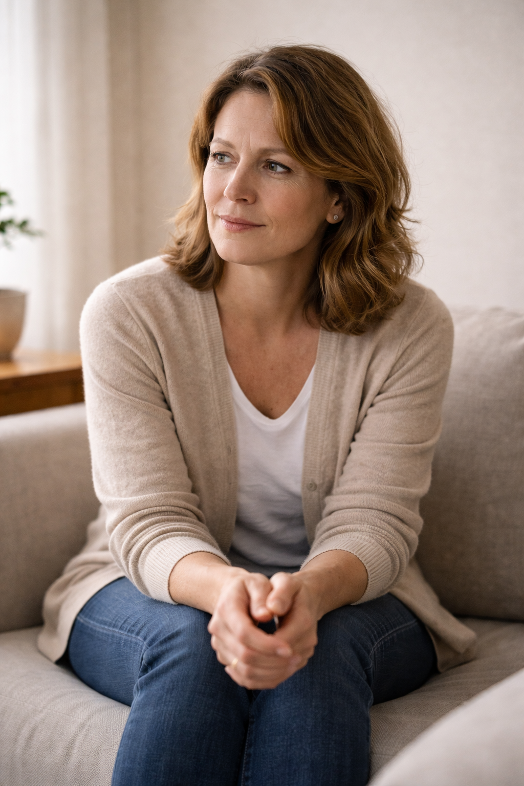 A thoughtful middle-aged woman sitting on a couch in a beige cardigan and blue jeans.