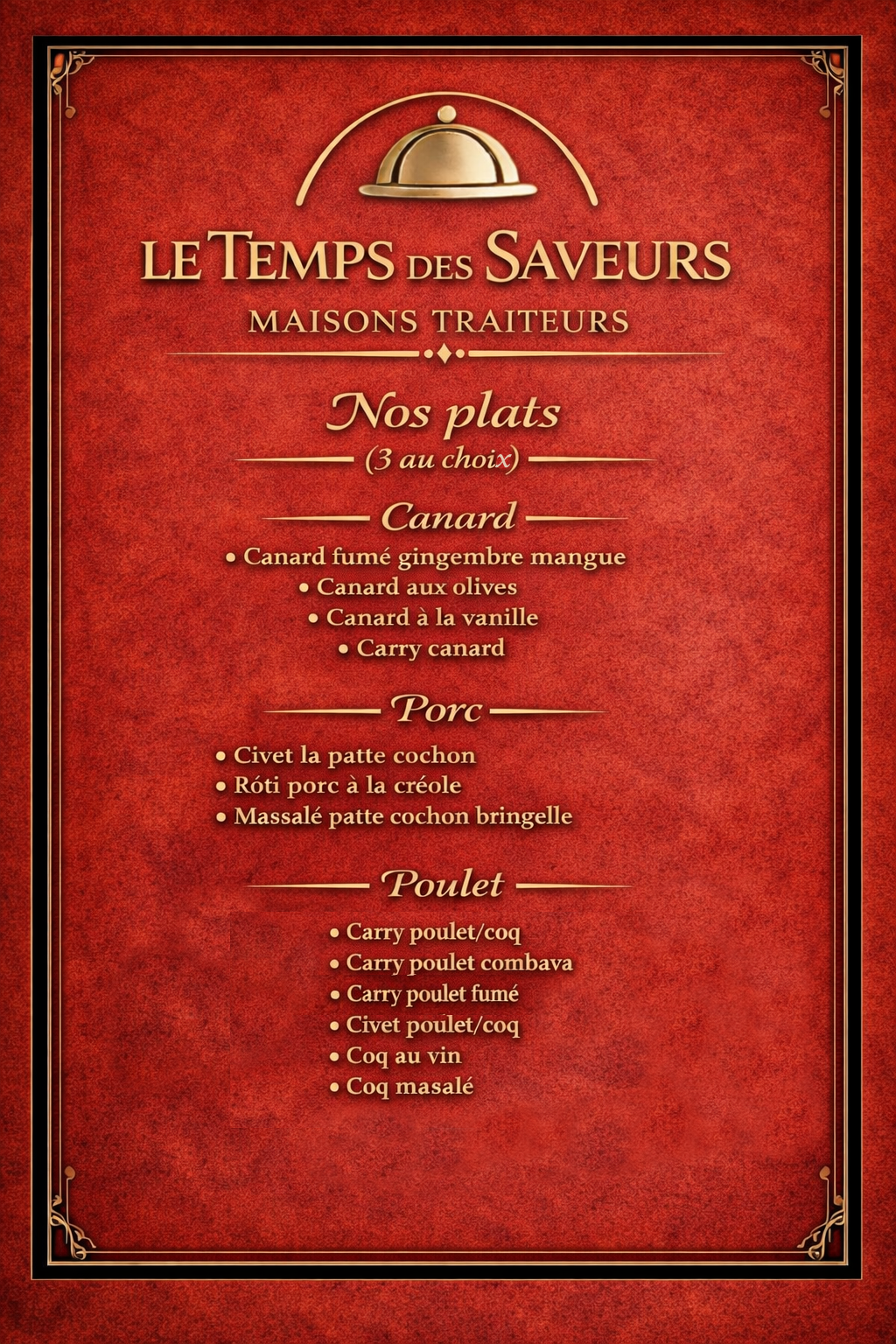 Menu plats traiteur Le Temps des Saveurs