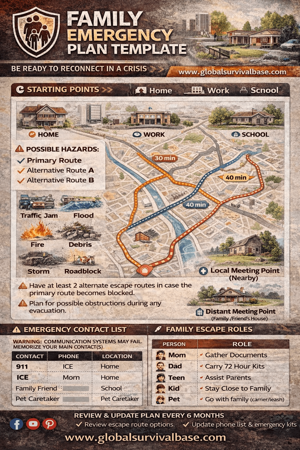 family evacuation plan with 3 starting points and alternative routes