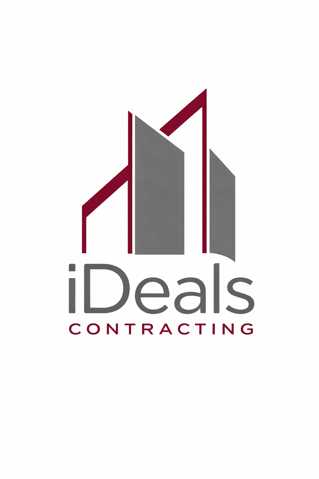iDeals Contracting company logo featuring a modern gray and maroon architectural building icon.