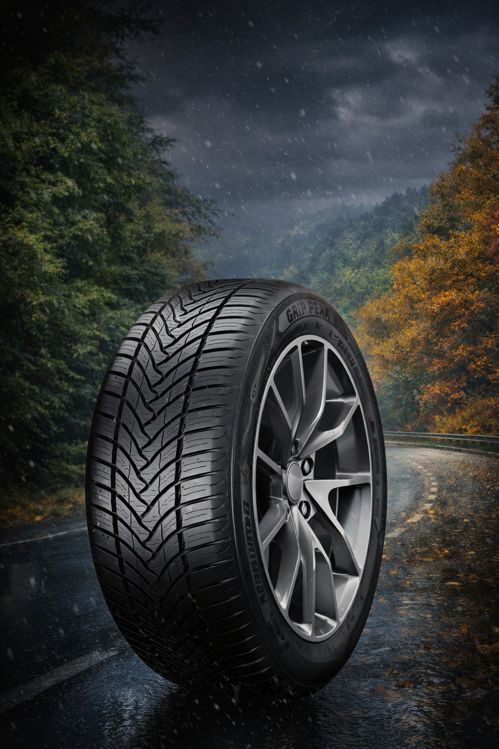 Durable winter tire with deep treads on a snowy road for enhanced traction and safety.