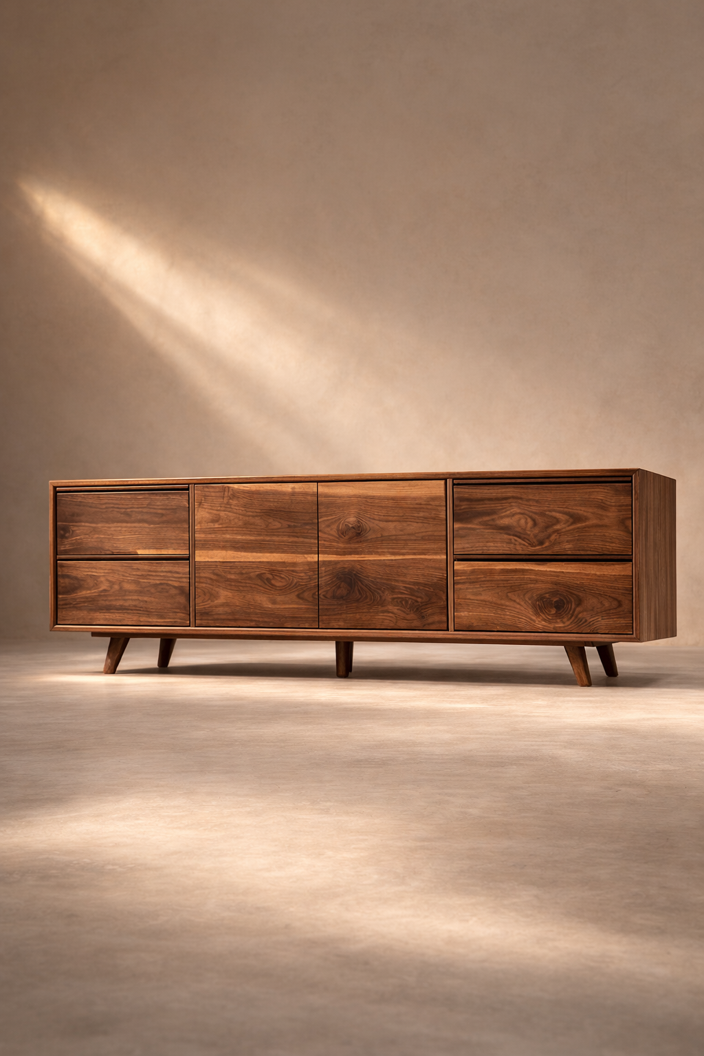 Handmade custom artisan MCM walnut media console.