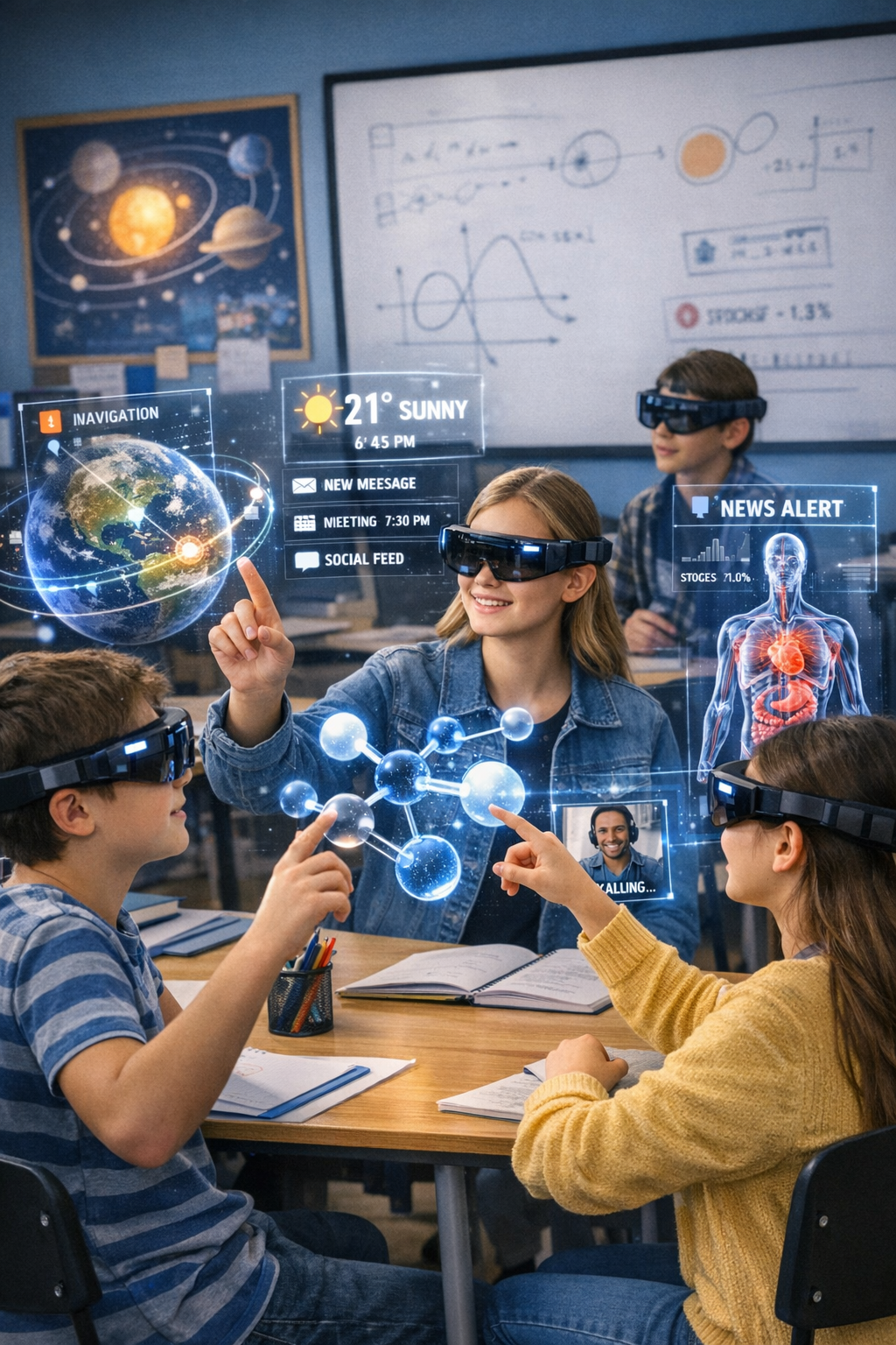 Imagem de alunos interagindo com conteúdo 3D em sala de aula.