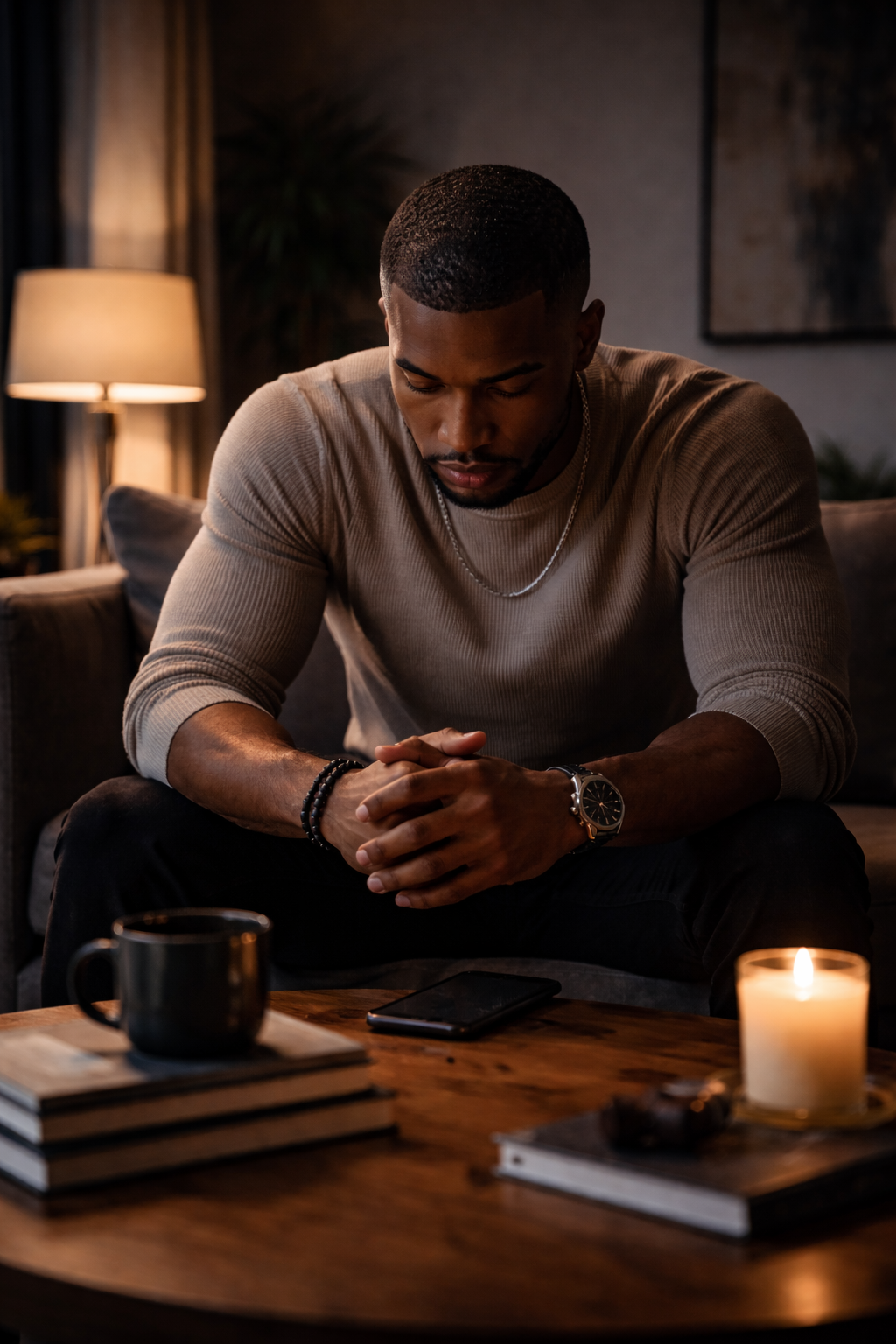 Man sitting alone at night with phone face-down,showing the pressure behind the man box meaning