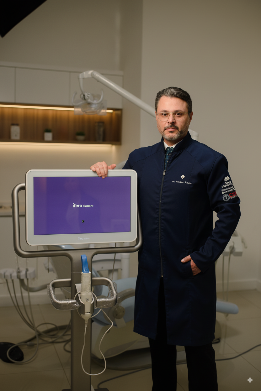 Especialista em implantes dentários realizando planejamento digital em clínica odontológica em Santi