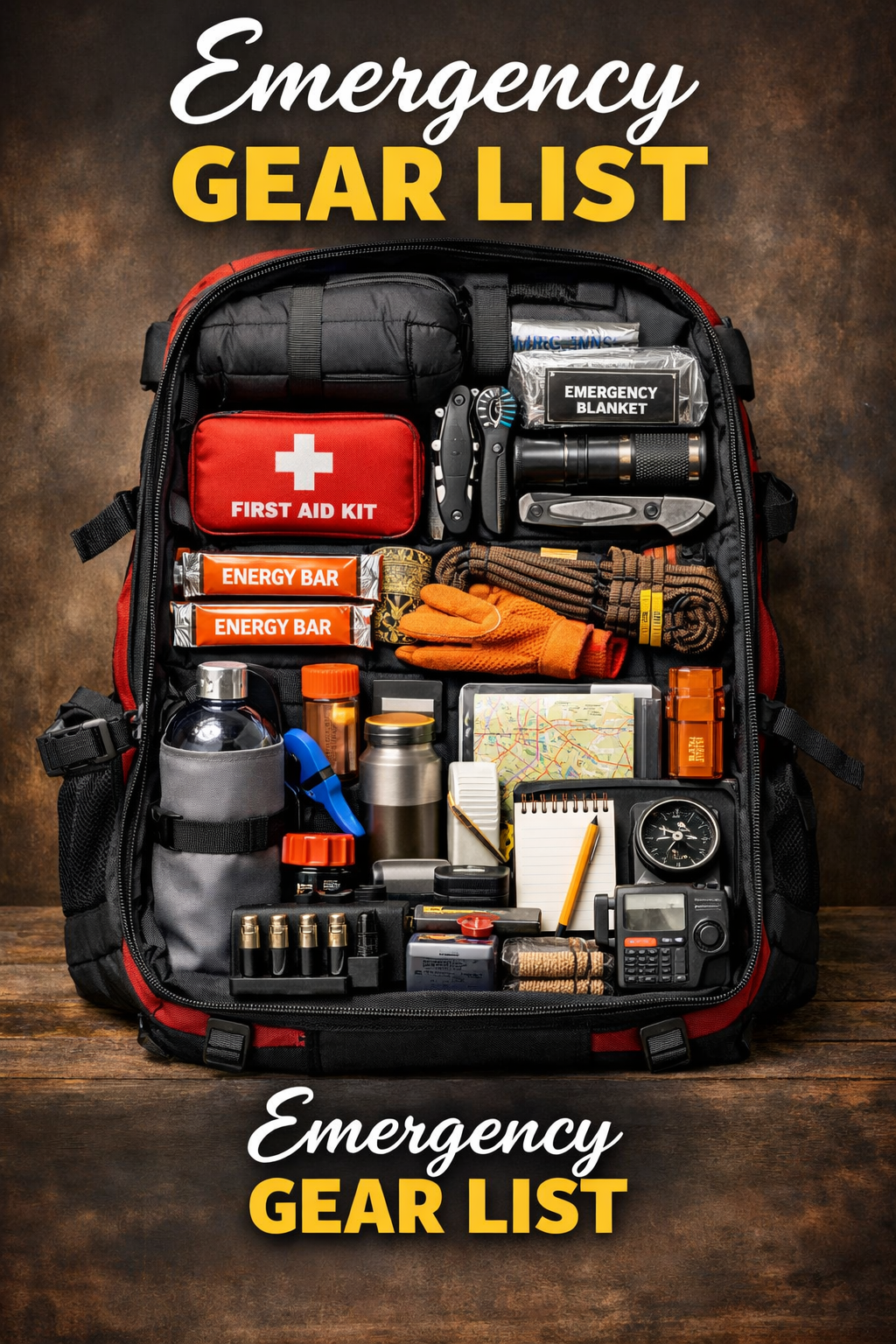 An emergency gear list survival backpack with a first aid kit, energy bars, and tools for disaster preparedness.