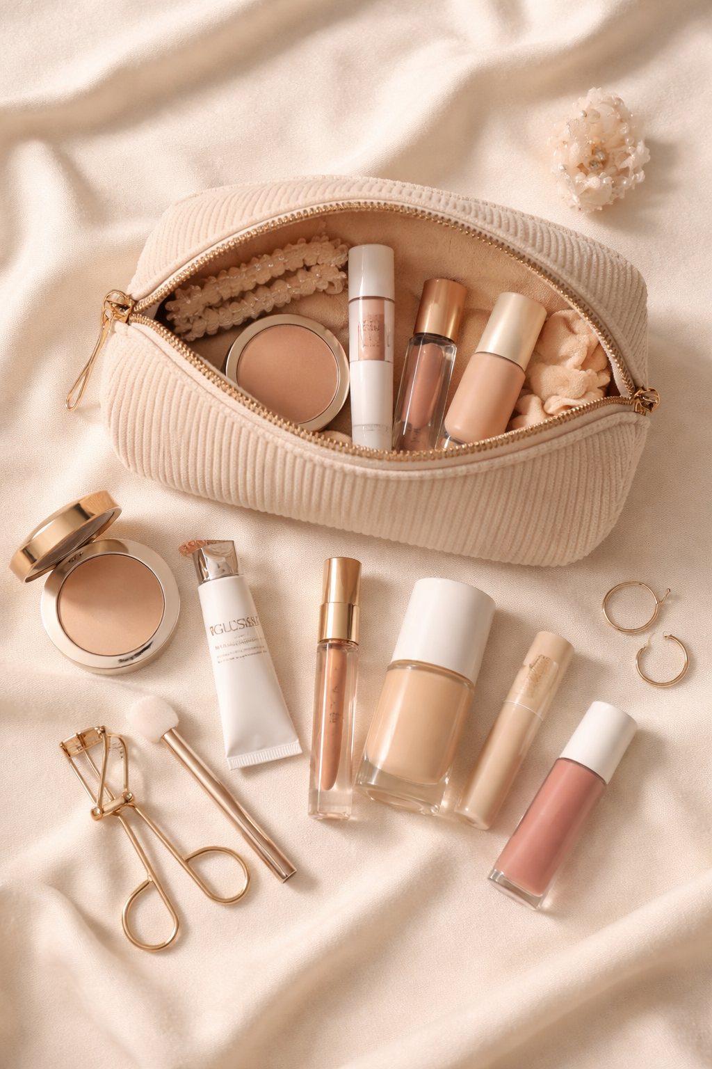 Corduroy makeup bag with beige liquid foundation, concealer, and gold beauty accessories.
