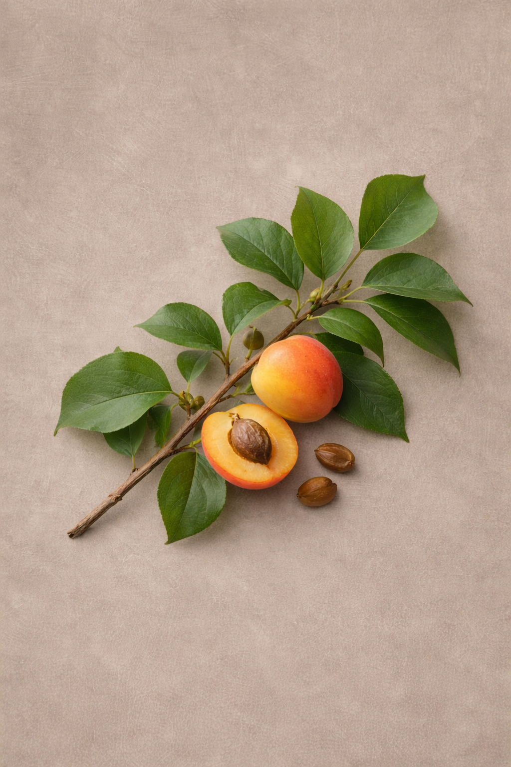 A fresh apricot branch with green leaves, a halved apricot showing the pit, and loose seeds.
