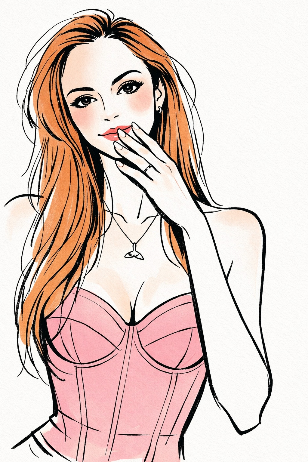 Fashion illustration of a woman with long red hair wearing a pink corset and whale tail necklace.