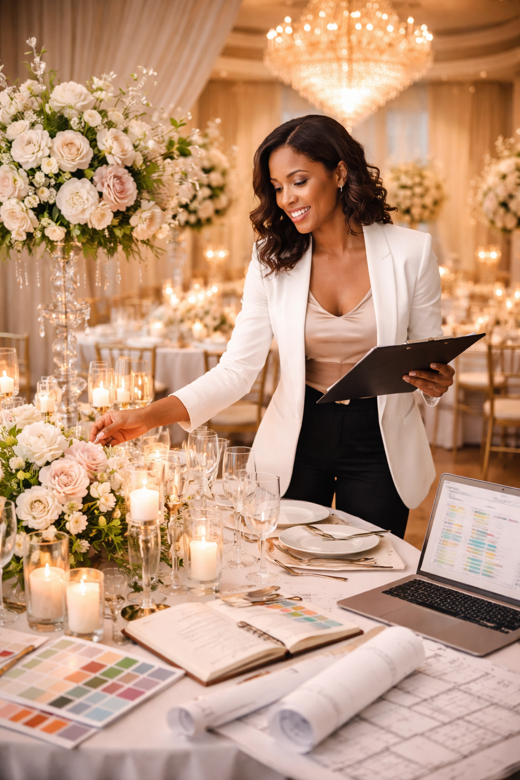 A computer showing scheduling work and book planner on a set table with florals and candles