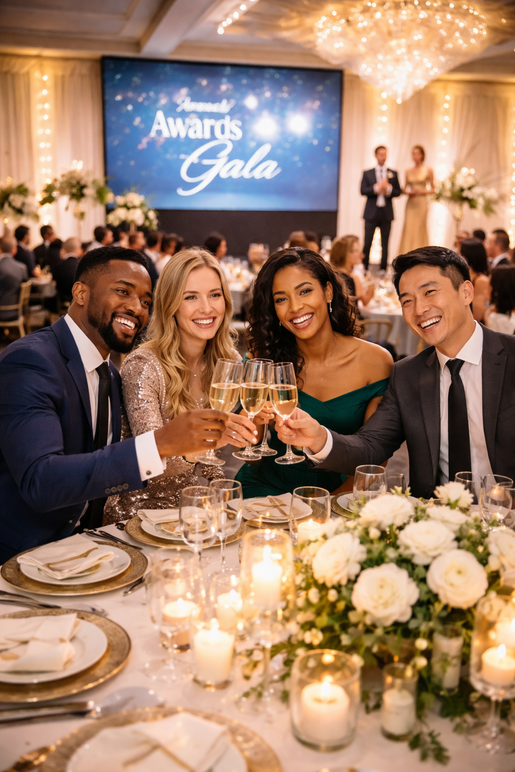 Four adults from diverse backgrounds raising champagne glasses in celebration