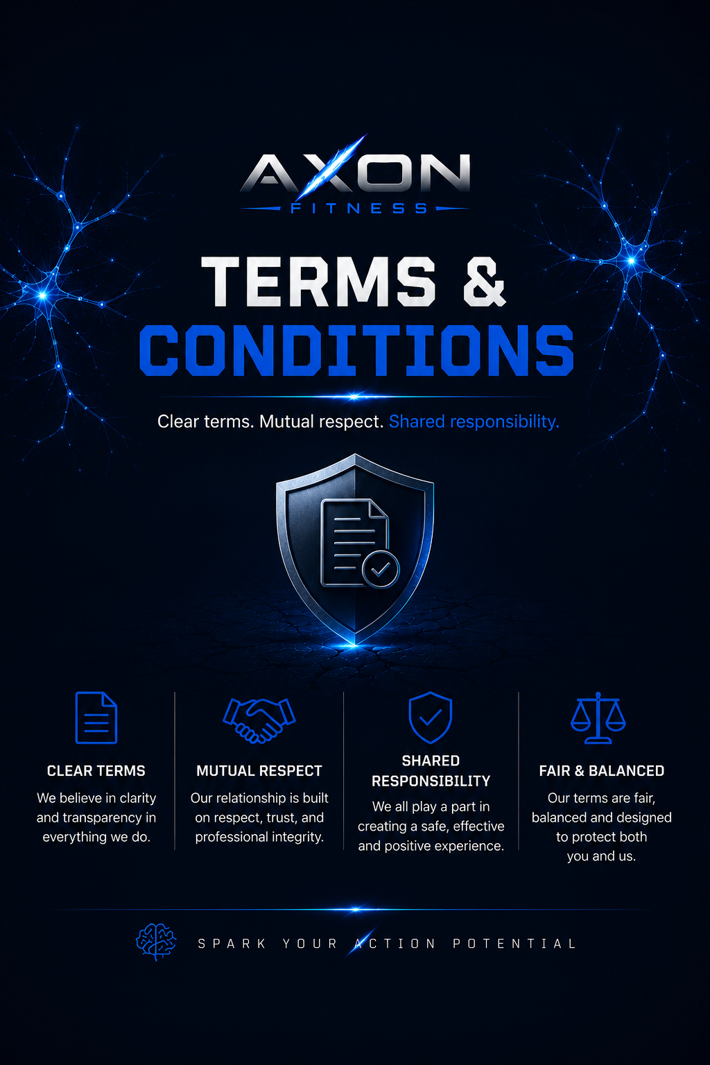 Axon Fitness terms and conditions graphic with shield, document icon, and blue neural network backgr