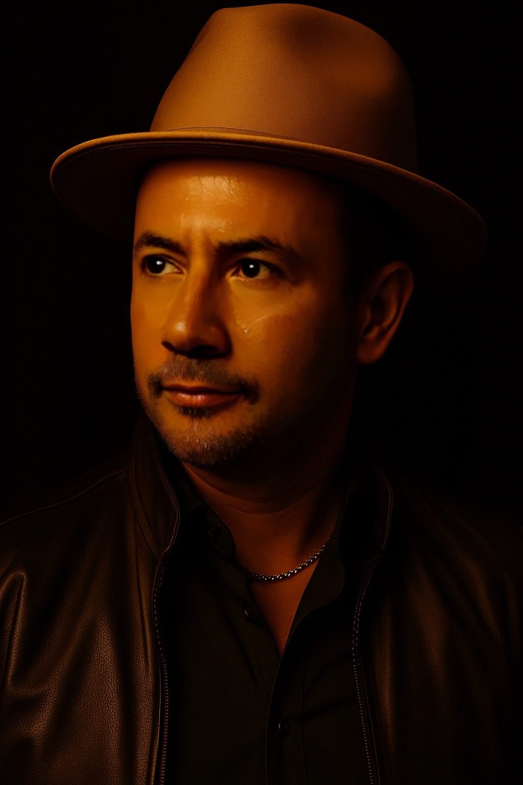 Warm gold-lit portrait of Alp Şahin wearing a hat, representing the human presence behind Aurionism