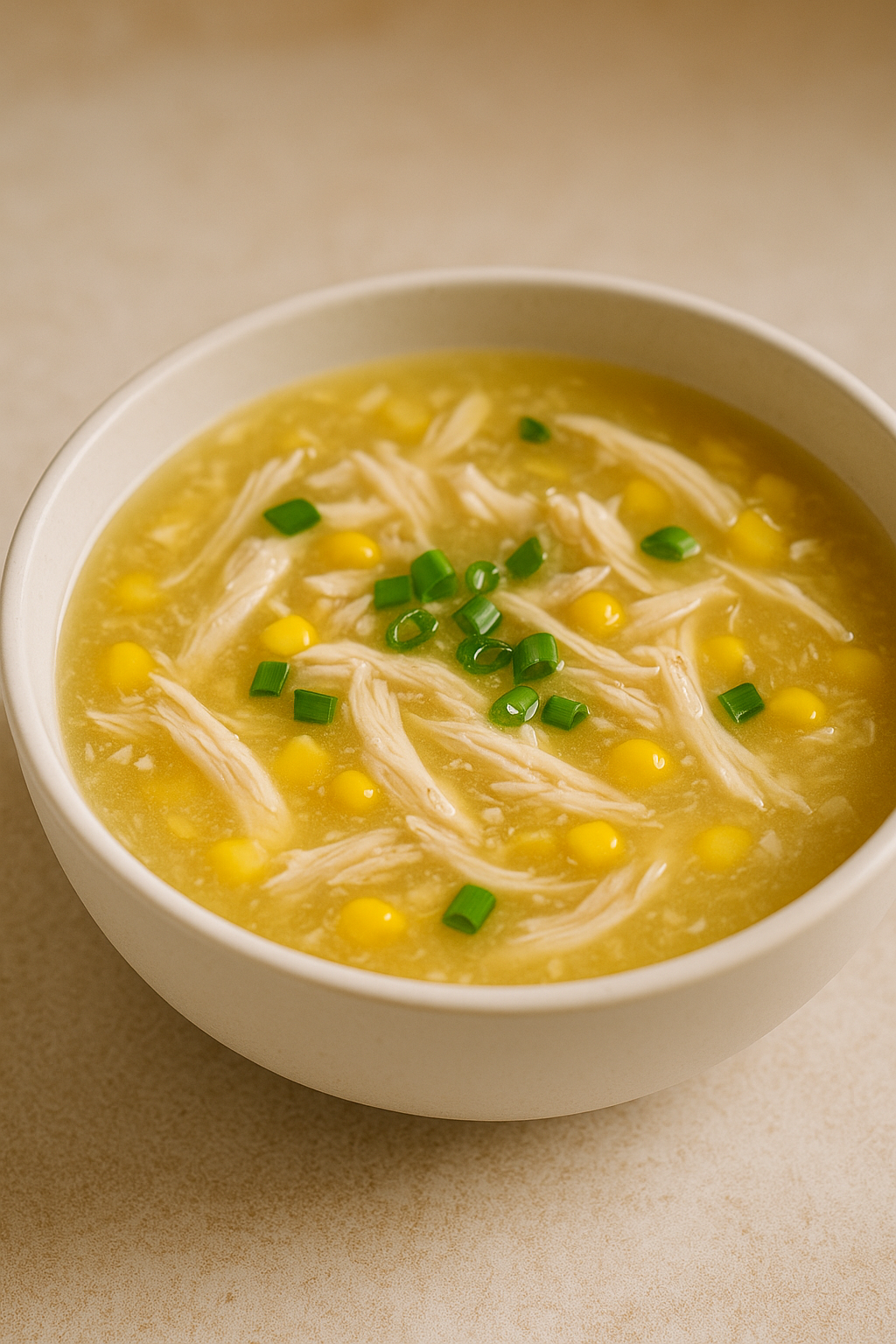 Chicken and corn soup in bowl