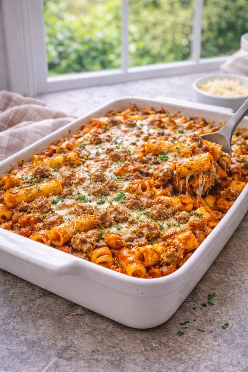 sausage pasta bake on plate