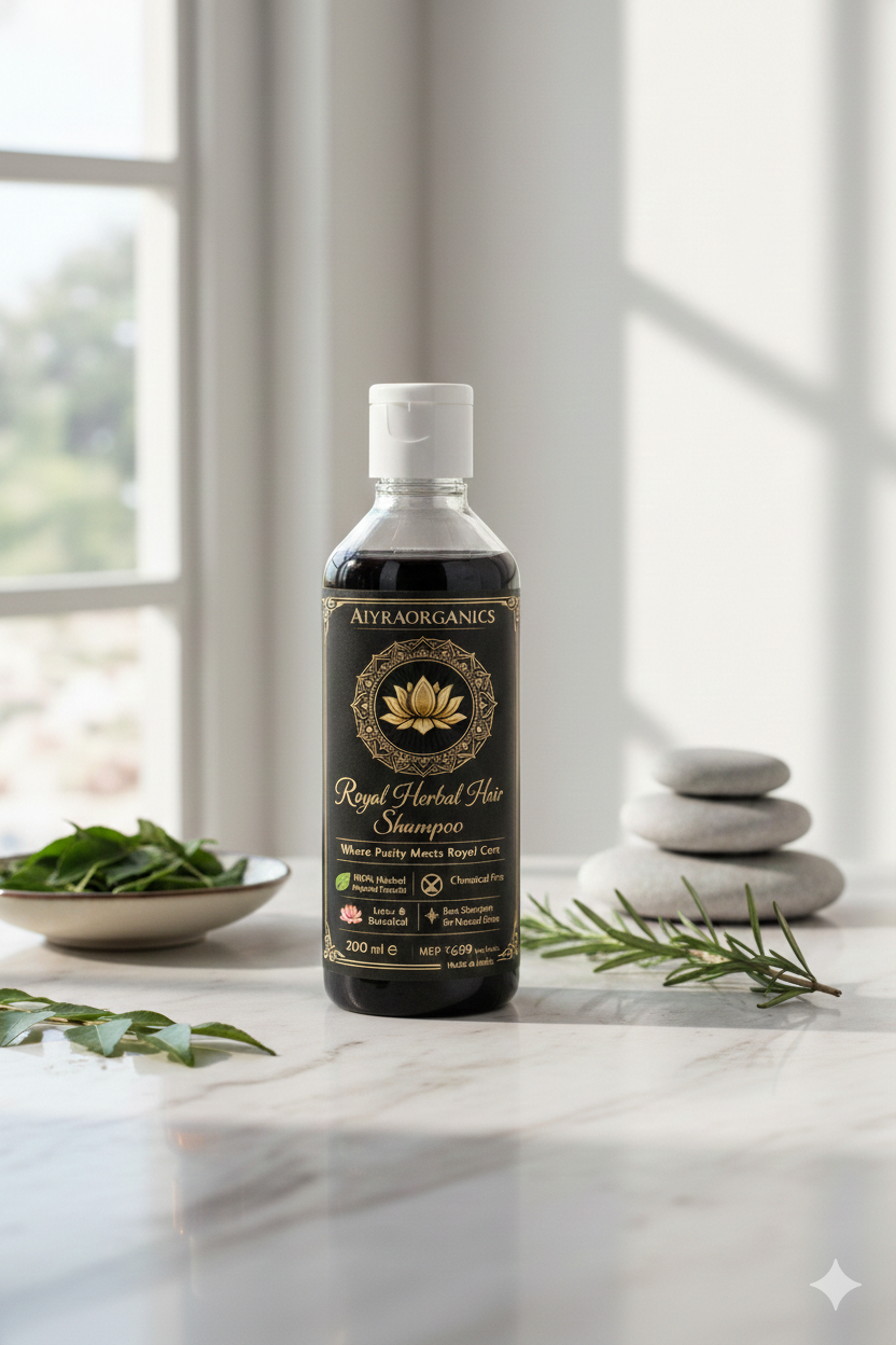 A bottle of Aiyra Organics Royal Herbal Hair Shampoo on a marble counter with fresh rosemary and herbs.
