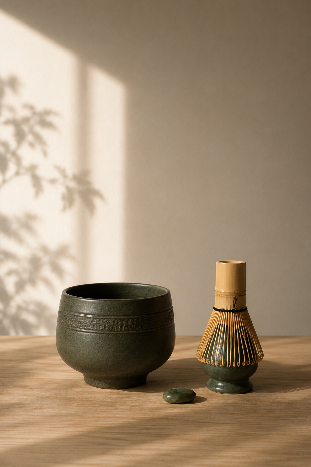green strawberry quartz stone next to matcha bowl in minimalist setting