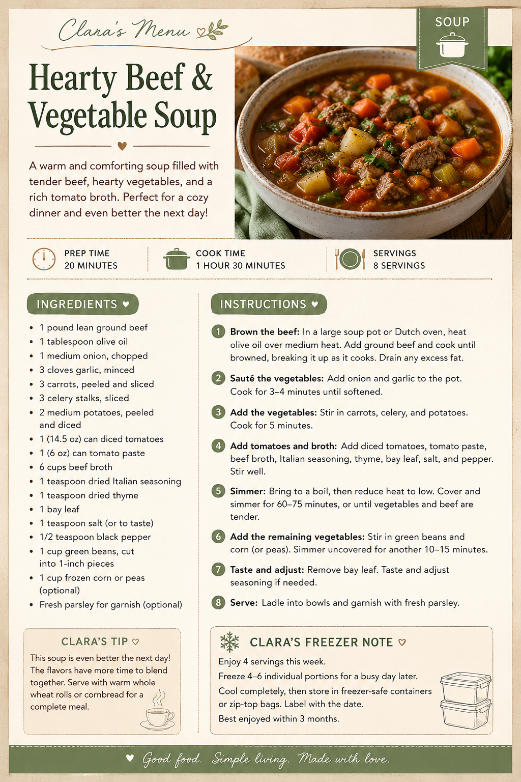 A printable recipe for Clara's Hearty Beef and Vegetable Soup featuring ingredients, cooking instructions, and a bowl of