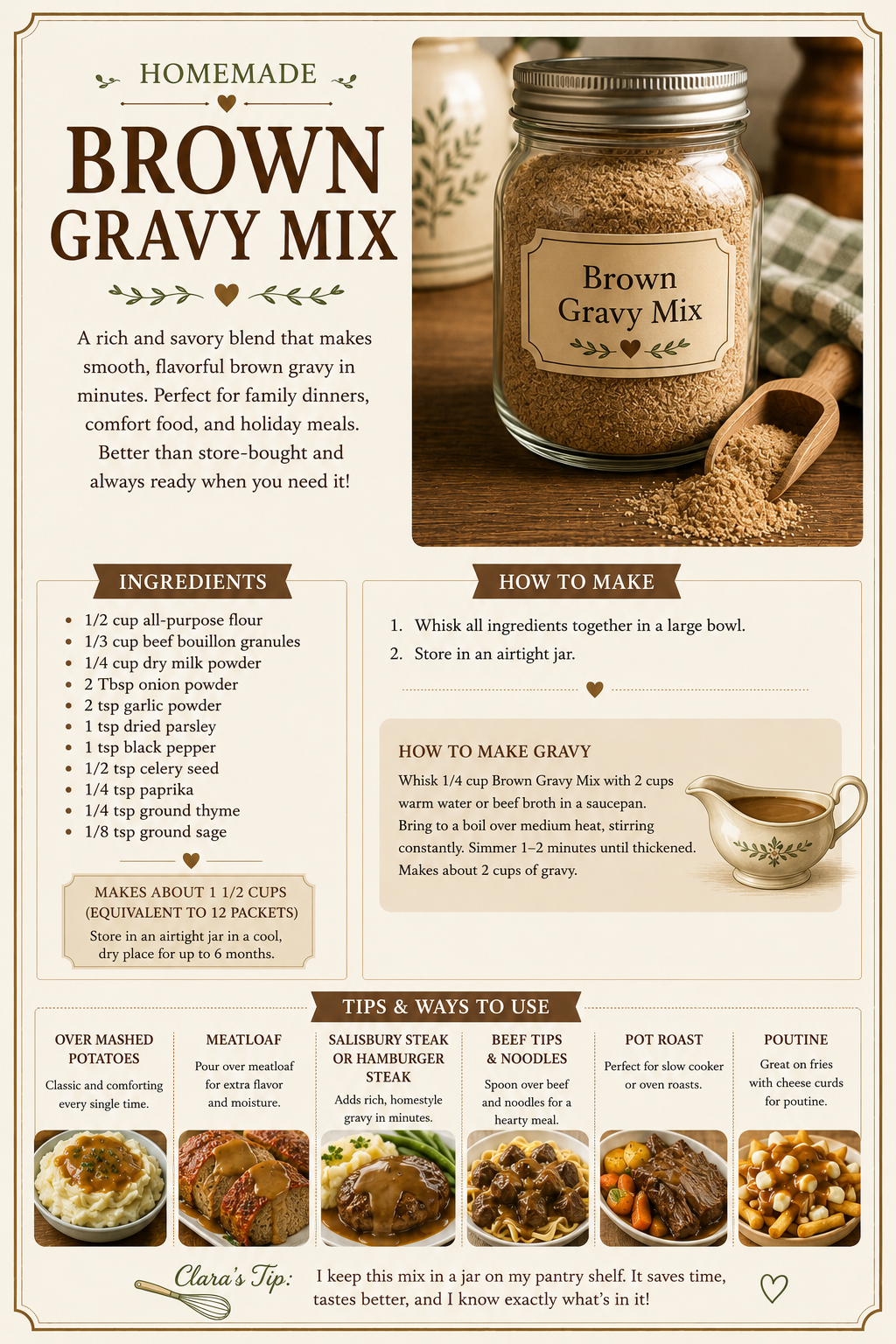 Homemade brown gravy mix recipe infographic with ingredient list and serving suggestions for mashed potatoes and pot roast.
