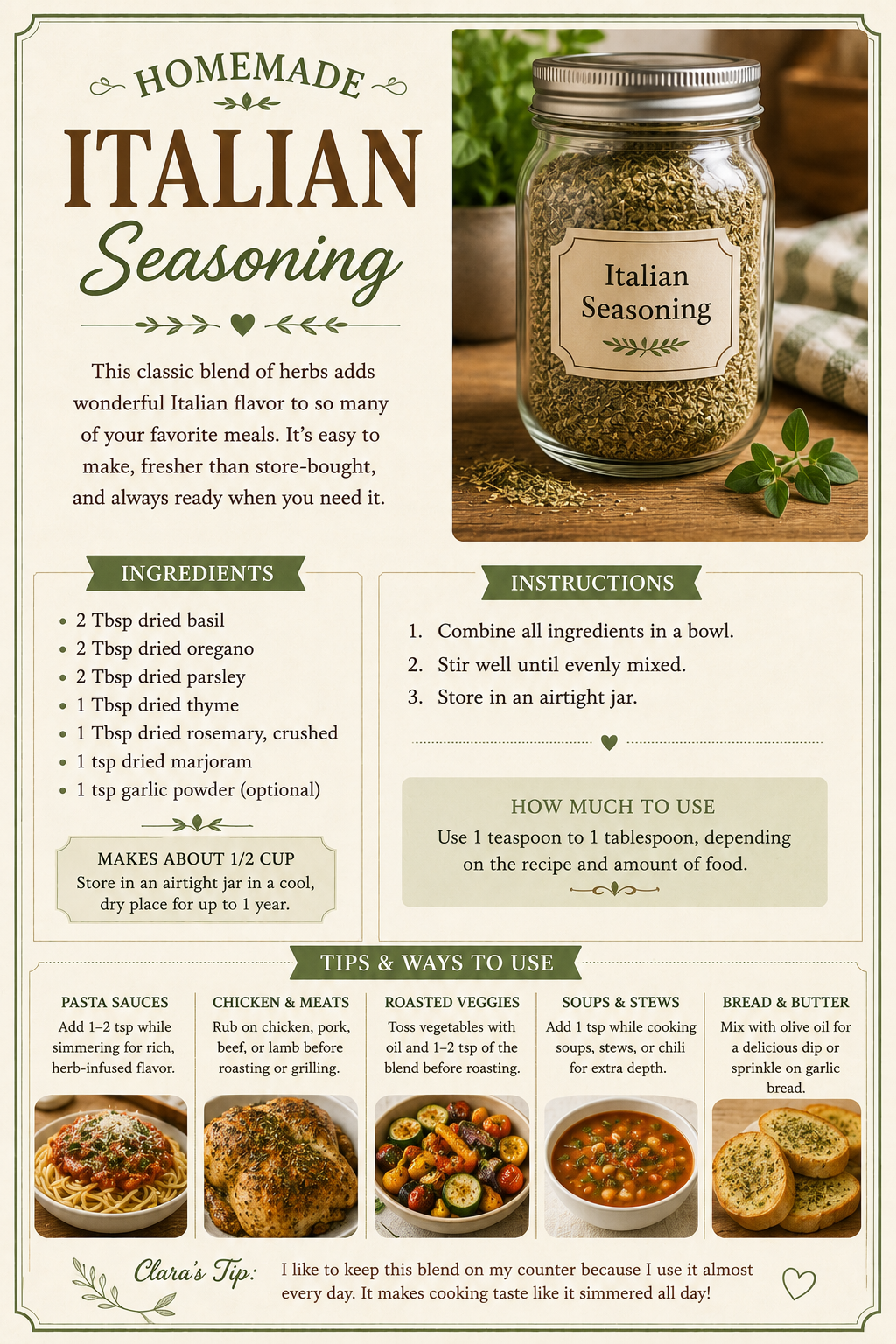 Homemade Italian seasoning recipe card with ingredients, instructions, and food pairing photos.