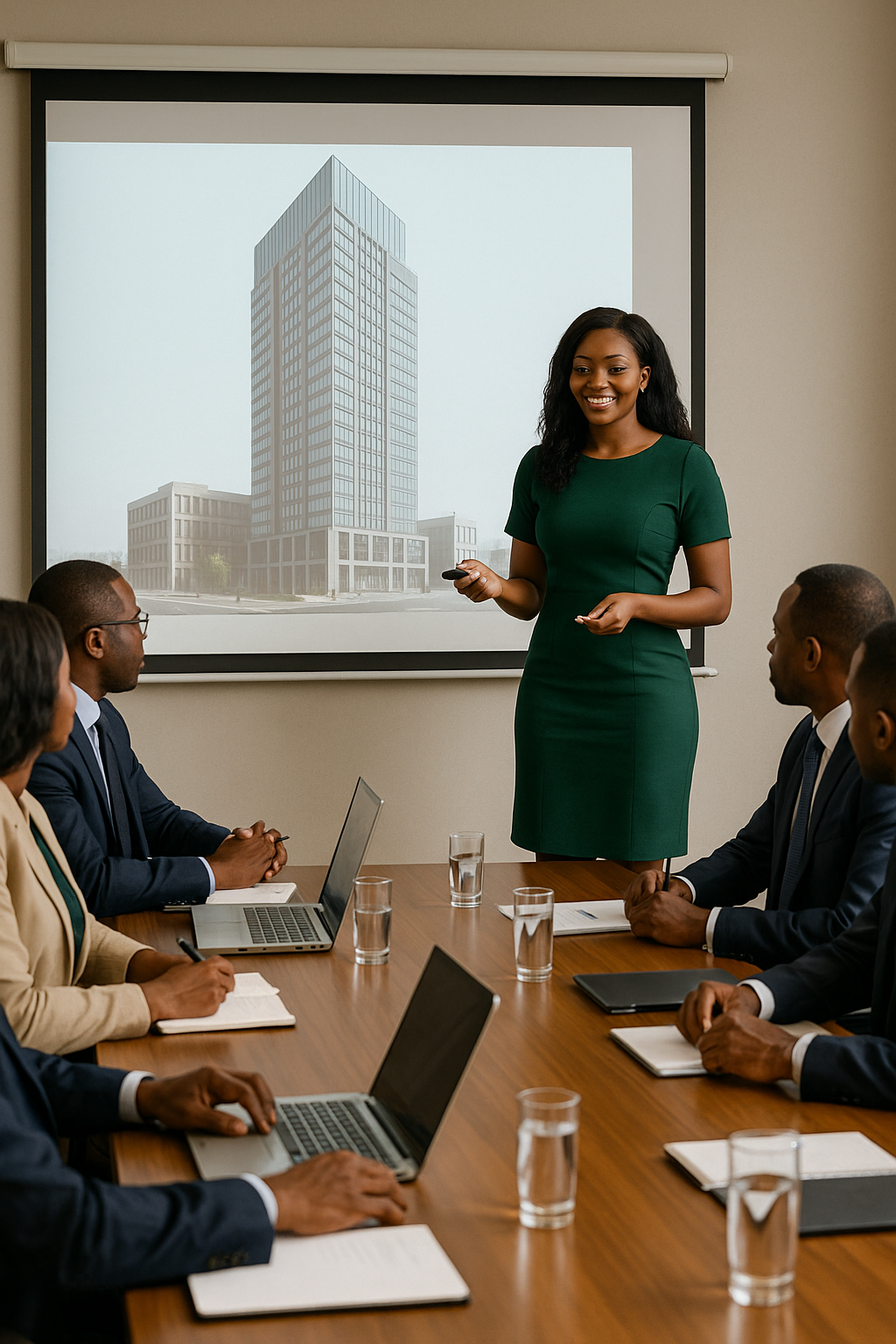 a woman in a green dress standing in front of a presentation screen