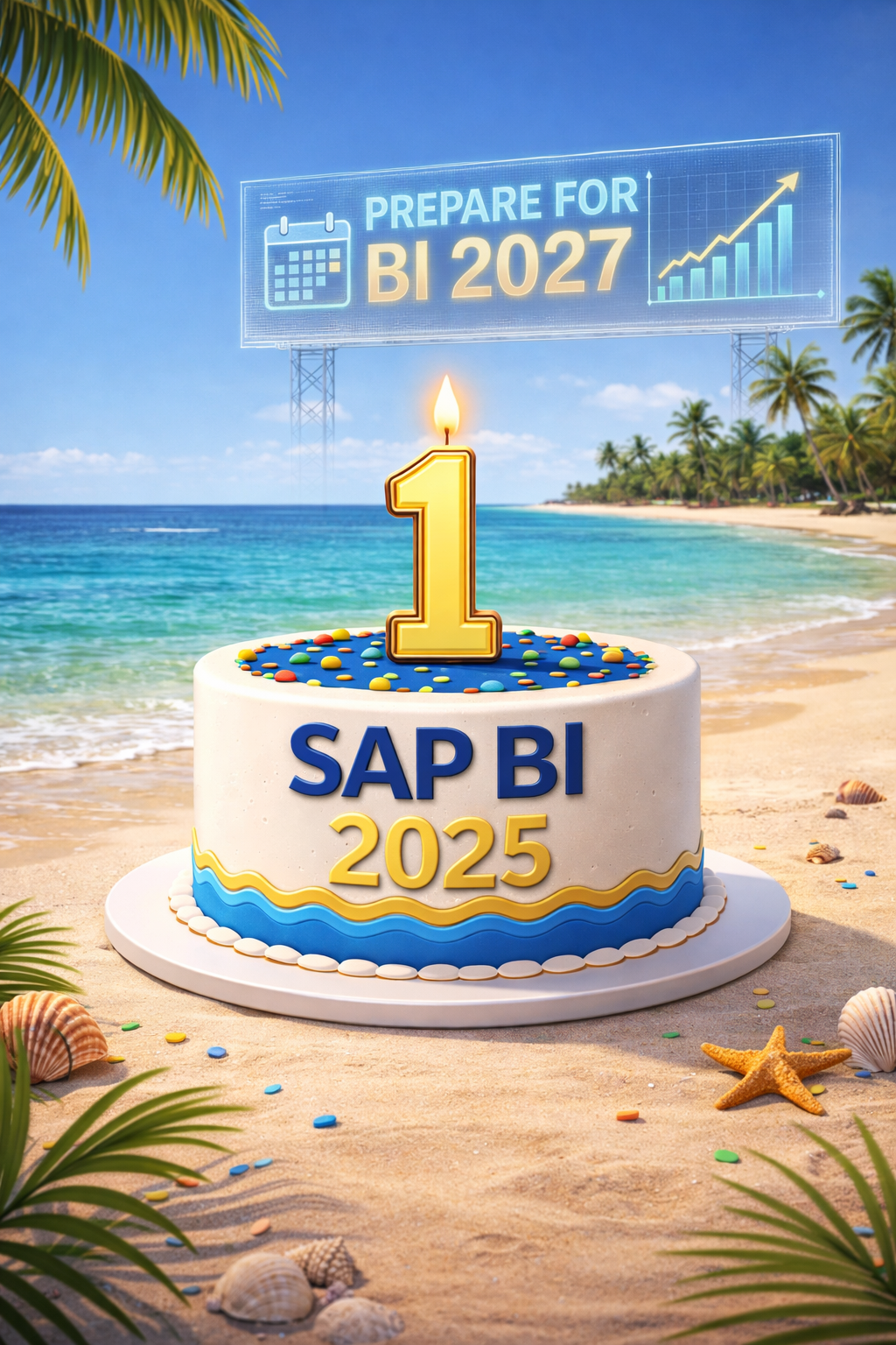 SAP BI 2025 first birthday cake on a beach with BI 2027 planning billboard in the background